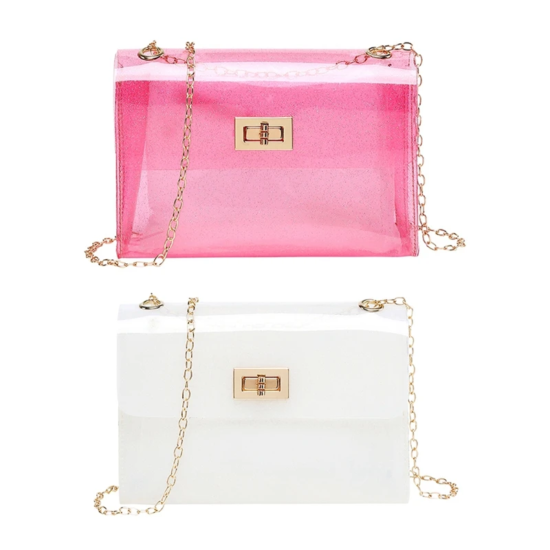 

2 Pcs Jelly Bag Shiny Candy Color Crossbody Handbag Girl Favorite Party Bag Messenger Shoulder Beach Bag - White & Pink