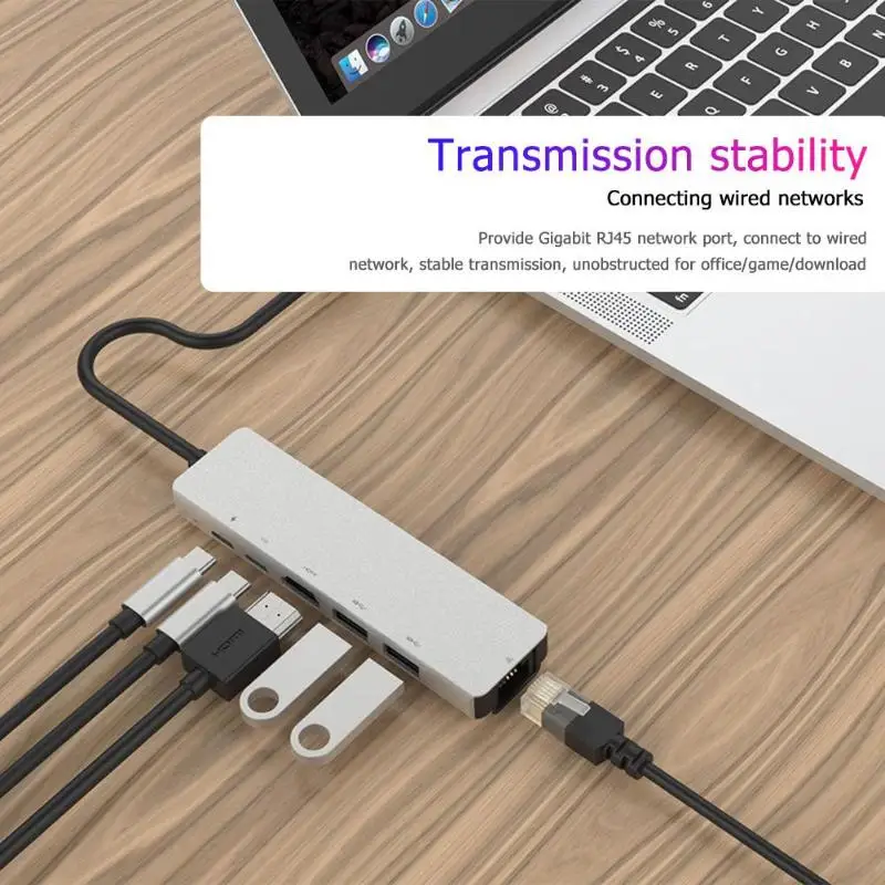 Алюминиевый сплав 6 в 1 type-C USB 3,1 хаб-конвертер портативный USB-C 4K HDMI 2 USB 3,0 PD RJ45 сетевой адаптер док-станция для портативных ПК