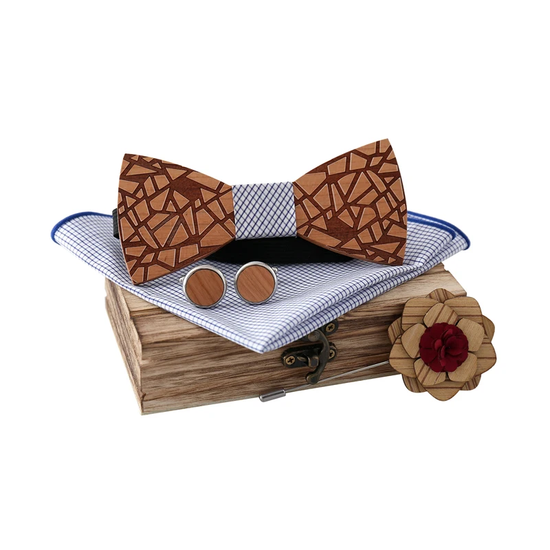  Fashion Handmade Wooden Bow Tie Handkerchief Cufflinks Set Men's 3D Bow Tie Wood Pocket Square With