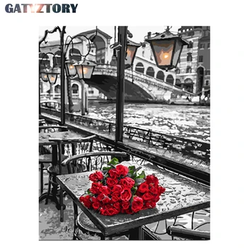 

GAYSTORY Digital Painting Red Rose Flower DIY Frameless Acrylic Paint Digital Canvas Home Decoration Painting Gift