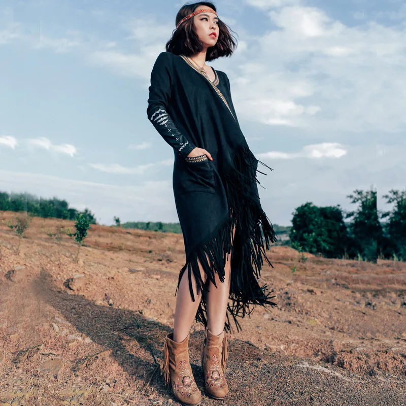 Тренч с кисточками Boho новые женские джинсовые куртки кардиган с длинными рукавами женское Осеннее Пальто Feminino Scraf National пальто LT130S30