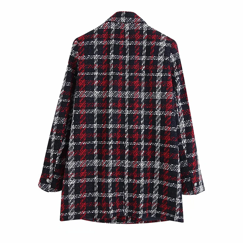 Plaid Printed Blazer Vintage Women Winter Warm Jacket Elegant Double Breasted Suit Blazer Ladies Outerwear Wool Blend Coat