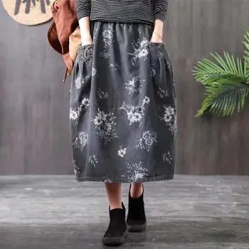 

women long skirt girl 2019 new double bag printed denim skirts comfortable recreational skirt