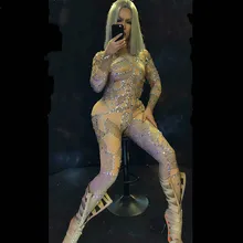 Сексуальное стрейчевое боди с имитацией обнаженного тела, женская одежда для ночного клуба, леггинсы, боди, наряд для танцев, костюмы для выступлений, стразы, комбинезон