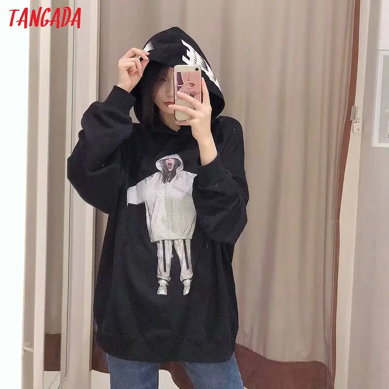 Tangada женские забавные флисовые негабаритных свитшоты с длинным рукавом в Корейском стиле с капюшоном пуловеры женские повседневные топы 4M191
