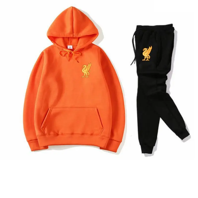 Orange black Спортивный костюм, модная спортивная одежда, комплект из двух предметов, хлопковая флисовая толстовка с капюшоном+ штаны, спортивный костюм для мужчин - Цвет: Orange black