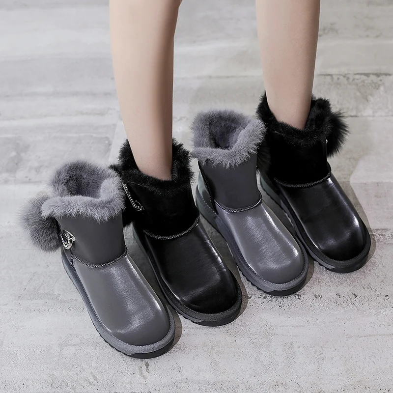 

2019 Winter New Women Flock Plush Lining Ankle Snow Boots Fur Boule Flat With Black/Gray Emu Boots Fashion Cotton Shoes