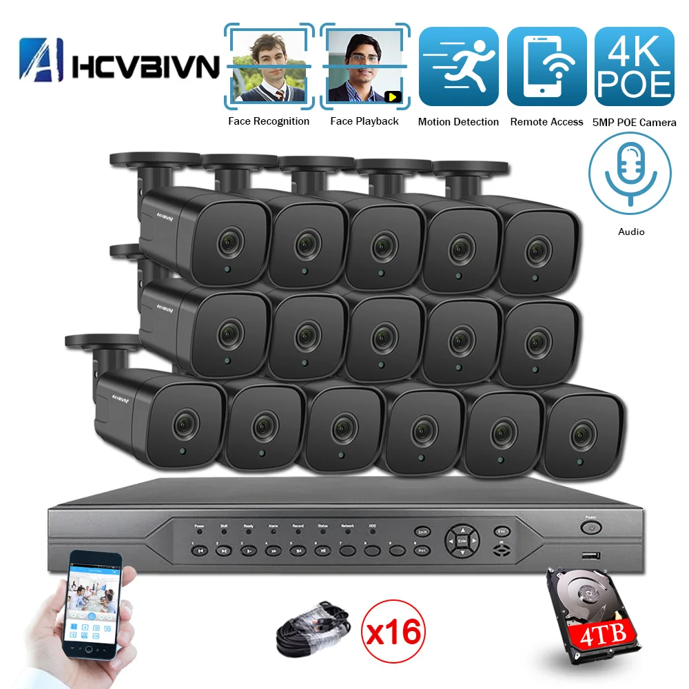 

16CH 4K Ultra HD POE Network Video Security System 5MP H.265+ NVR With 16pcs 5MP Audio IP Outdoor Camera Security Kit