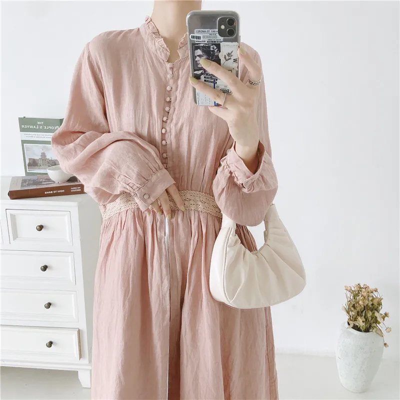 Johnature 2020 New Vintage Linen Embroidery Long