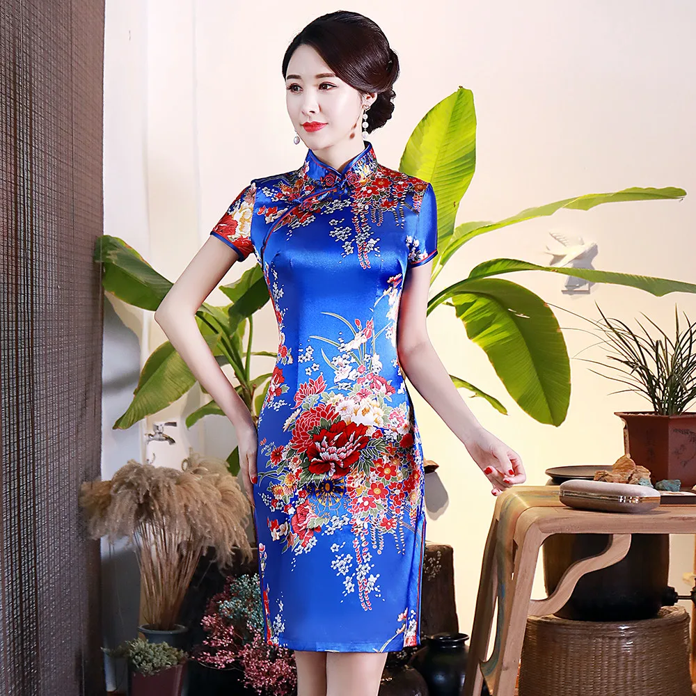 Классическое Восточное мини китайское платье для женщин Королевский Синий принт