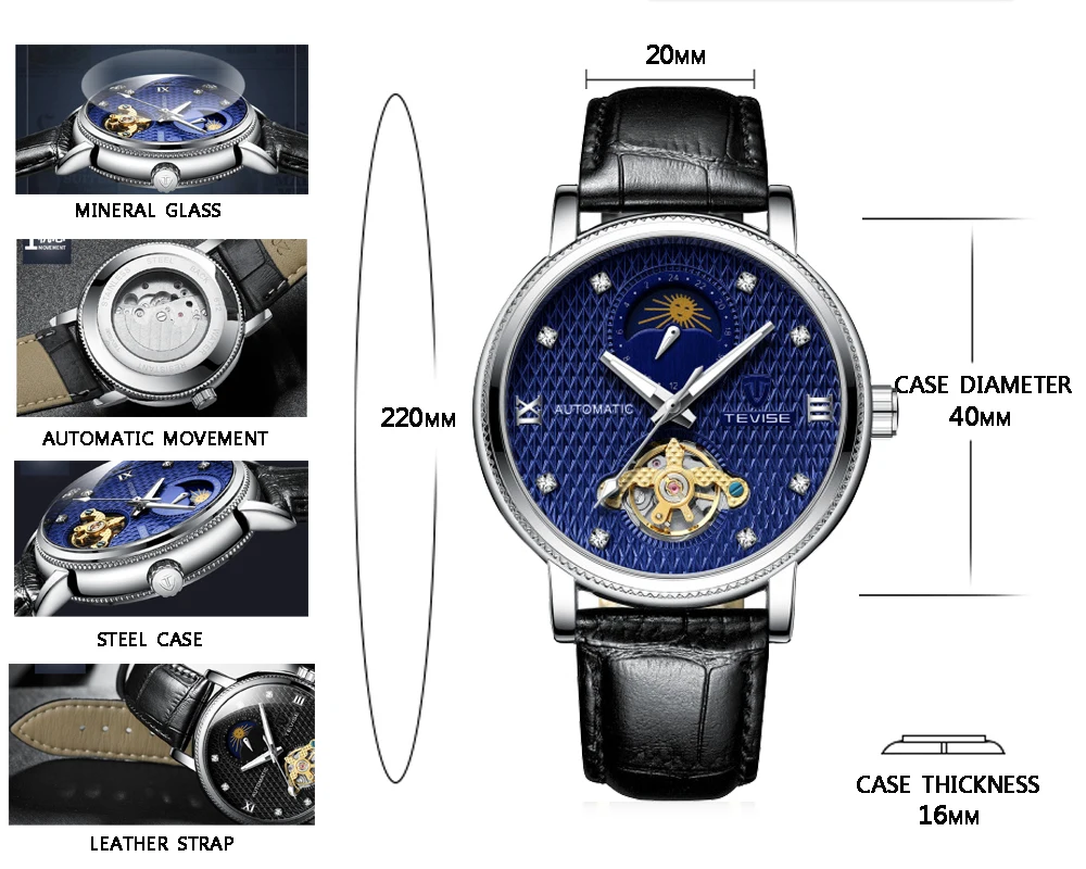 Tevise Автоматические Tourbillon механические часы водонепроницаемые мужские роскошные