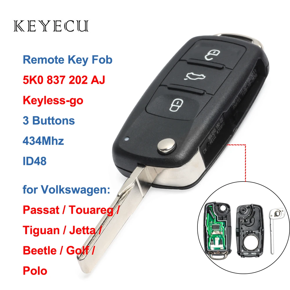 

Keyecu 5K0 837 202 AJ дистанционный ключ-брелок от машины 434 МГц CAN ID48 для VW Volkswagen Touareg Beetle Golf Jetta 2011 2012, 5K0837202AJ