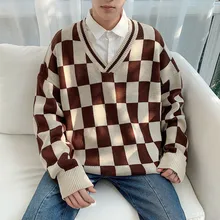 Осень Свитер в клетку Для мужчин теплая Модная контрастная Повседневное с v-образным вырезом, вязаный свитер, одежда человек уличной моды дикий пуловер с длинными рукавами Для мужчин