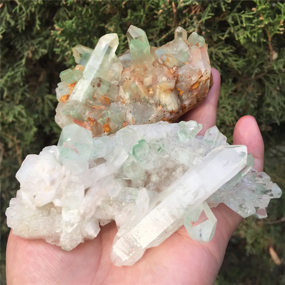 2 шт. натуральный зеленый Ghost Phantom Quartz кристалл кластера Исцеление образец отправлен случайным образом
