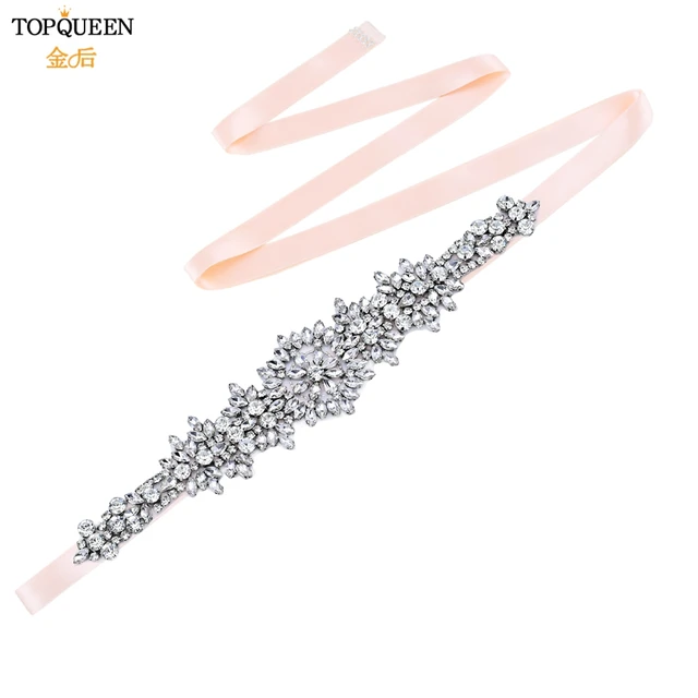 TOPQUEEN S319 Rhinestones Wedding Belts Wedding Sashes Crystal Bridal Belts Decorative Belt with Stones Jeweled Satin Ribbons Baby Pink ribbon