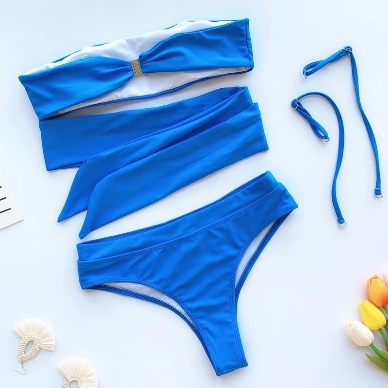 Solid Cross Bandage Bikini Swimwear Women Knotted Bathing Suit Female Tie-waist Swimsuit High Cut Beachwear Two Kinds Of Wearing Solid Cross Bandage Bikini Swimwear Women Knotted Bathing Suit Female Tie-waist Swimsuit High Cut Beachwear Two Kinds Of Wearing