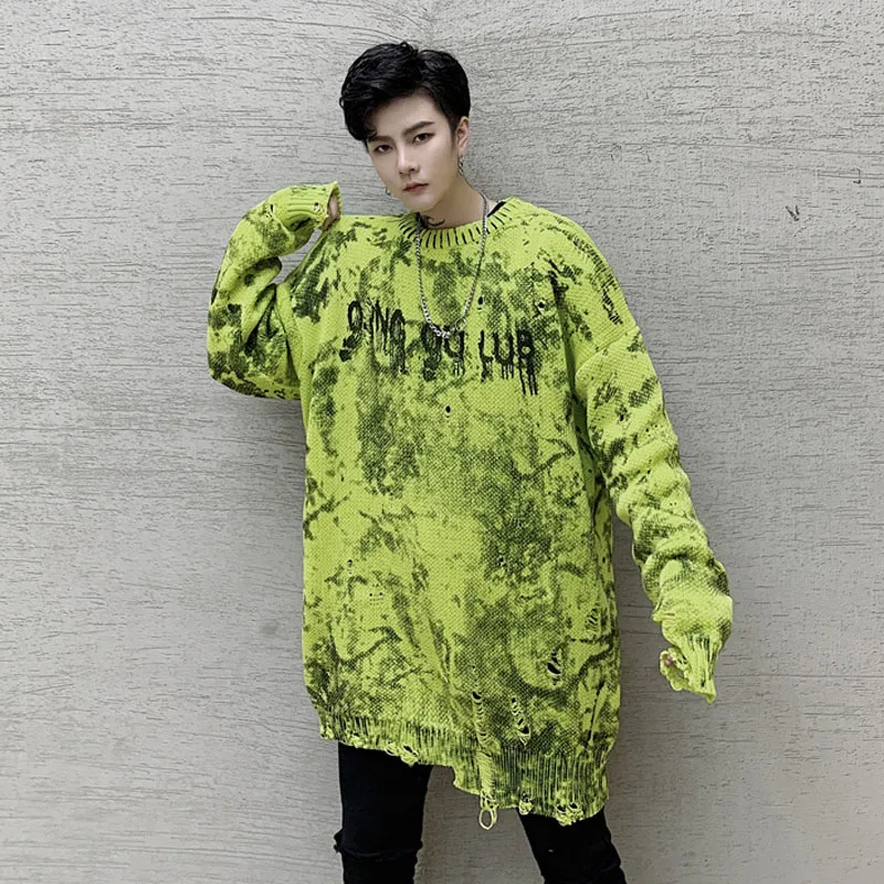 Male Women Streetwear Hip Hop Punk Gothic Bottom Sweater Men Autumn Winter Tie-dyed Hole Loose Casual Knitted Pullover Sweater