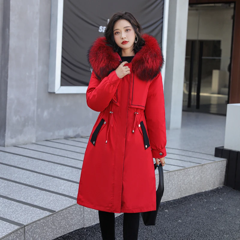 

Женская теплая куртка осень-зима 2021 длинная куртка на молнии с капюшоном и меховым воротником темпераментная свободная Съемная парка куртка