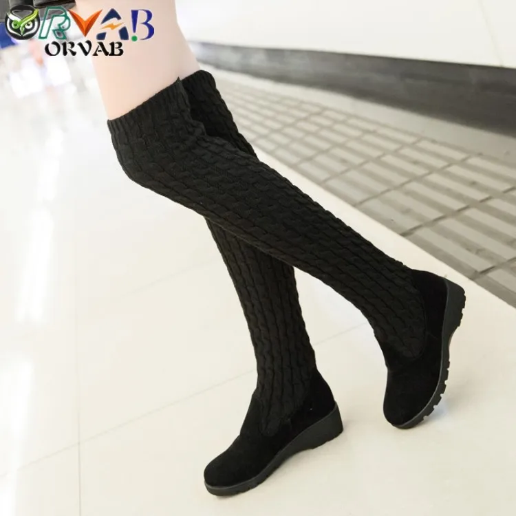 Cena Udo wysokie buty 2019 moda zima kobiety skarpety buty czarny szary Slim długie buty kliny buty na koturnie kobieta na kolana buty