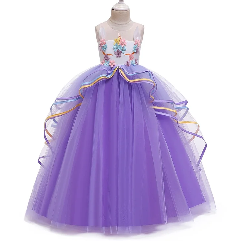 Fantasy Unicorn Dress For Girl Princess Party Dress Baby Halloween Costume Rainbow Tiered Mesh tutu Dress Kids Licorne Long Robe