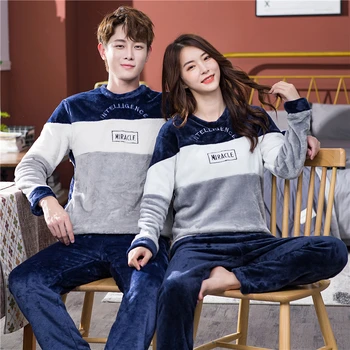 

New Cartoon Couple Pajama Set Flannel Thicken Women Sleepwear Suit Long Sleeve Pyjamas Winter Homewear Cute Ladies Home Clothes