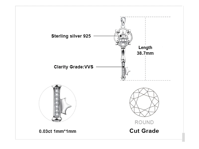 JewelryPalace Cubic Zirconia Castle Key Pendant Necklace Without Chain 925 Sterling Silver Pendant Jewelry for Women Fashion