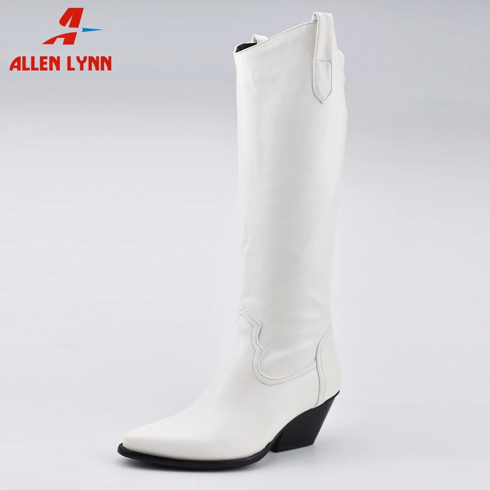 

ALLENLYNN Western Knee High Boots Square Square Heels Shoes Woman Autumn Winter Slip On Boots Woman Plus Size 34-48