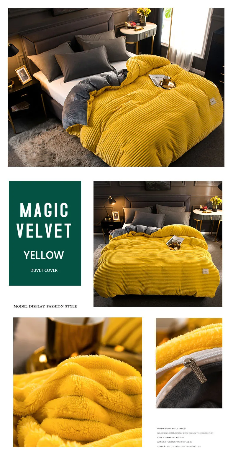 Magic Velvet Duvet Cover Winter Thick Fleece Blanket Coral Couple Bed Quilt Covers Flannel Yellow Bedspread Solid Bedclothes
