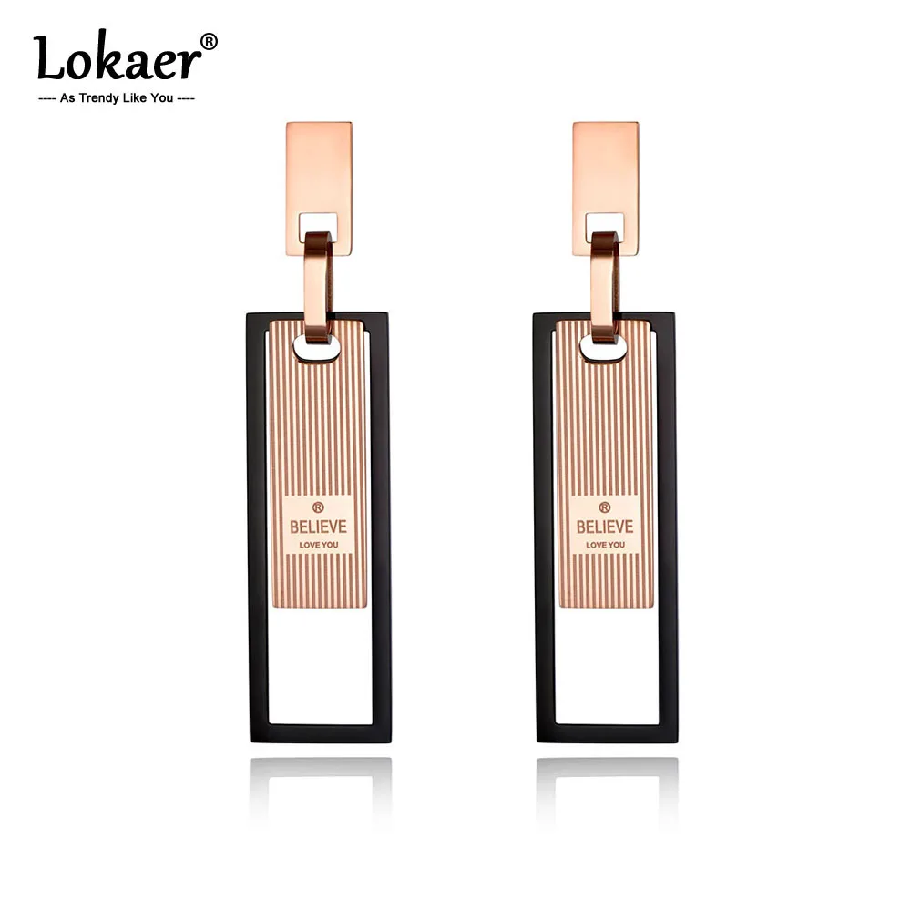 Lokaer Trendy Stainless Steel Black/Rose Gold Geometric Stud Earrings Believe Love You Creative Jewelry For Women Girl E19083 | Украшения и
