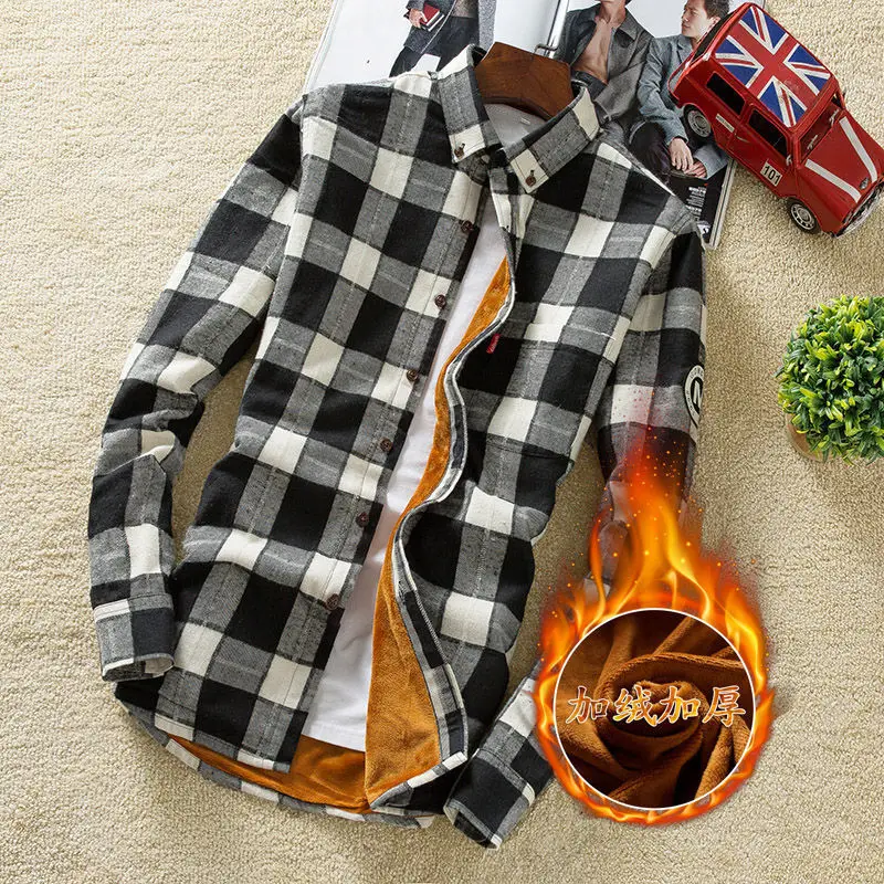 Plaid 06 4XL 5XL большой размер мужская деловая Повседневная клетчатая рубашка с длинными рукавами бархатная Толстая Теплая мужская деловая платье-рубашка в полоску плюс - Цвет: Plaid 06