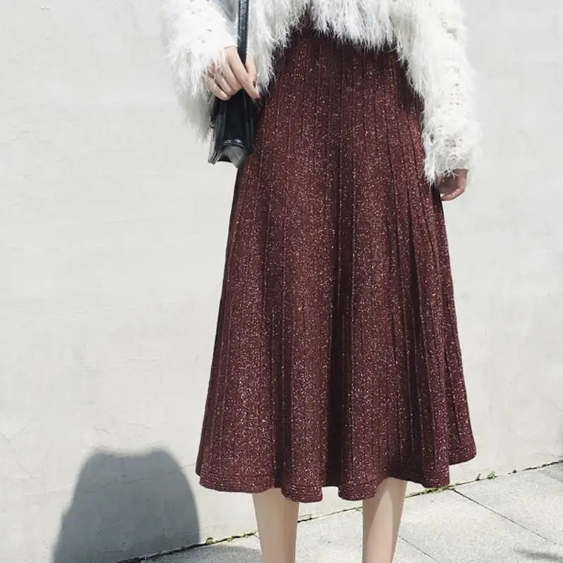 Осенне-зимние женские однотонные плиссированные юбки, винтажная трапециевидная юбка с высокой талией, шикарные корейские повседневные женские вязаные юбки