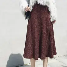 Осенне-зимние женские однотонные плиссированные юбки, винтажная трапециевидная юбка с высокой талией, шикарные корейские повседневные женские вязаные юбки