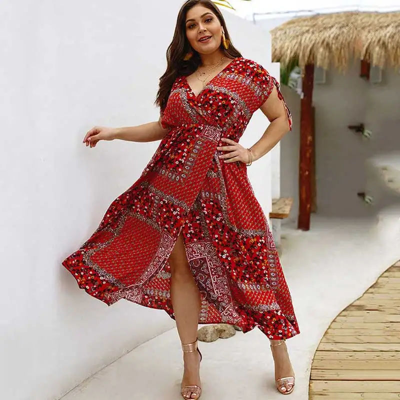 

2019 Summer Boho Dress Women V-neck Big Size Bohemian Fat Plus Size Elegant Party Dresses Female Sexy Midi Dress For Women