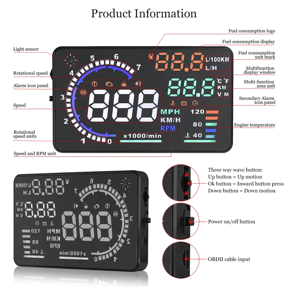 Obd2 Hud Автомобильный дисплей 5," светодиодный проектор лобового стекла Obd сканер скорости топлива Предупреждение сигнал тревоги данные диагностический инструмент