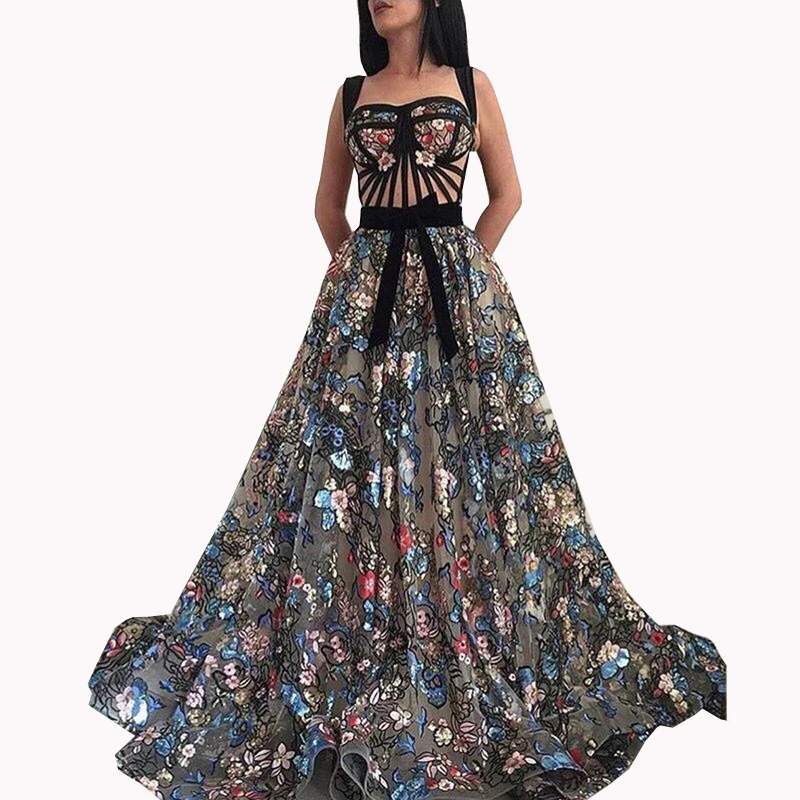 

Long Embroidery Sequin Lace Elegant Formal Abendkleider Evening Dress Saudi Arabic Robe De Soiree Prom Party Gown