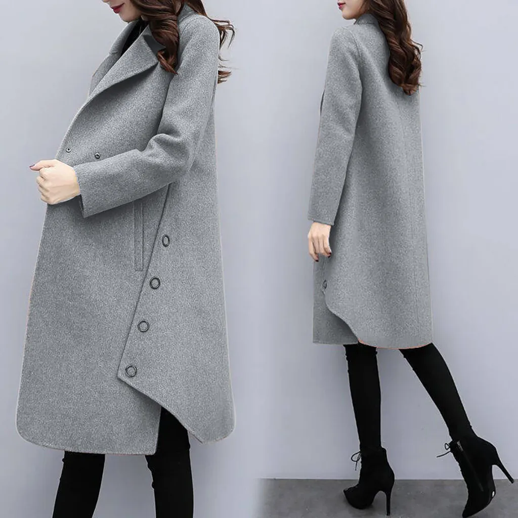 Офисное женское длинное зимнее шерстяное пальто тонкое Однотонное шерстяное пальто и куртка двубортная верхняя одежда размера плюс 3xl#2