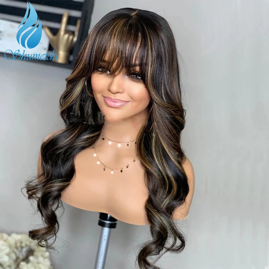 Onda do Corpo Humano com Franja para Preto Shumeida Destaque Marrom Cheia Máquina Perucas Brasileiro Remy Cabelo Cor 3 Cheap Apliques com cabelo humano