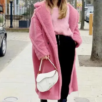 

Winter Thick Faux Fur Loncoat Turn-Down Collar Women Warm Long Sleeve Long Lamb Coat Casual Loose Oversize Outwear