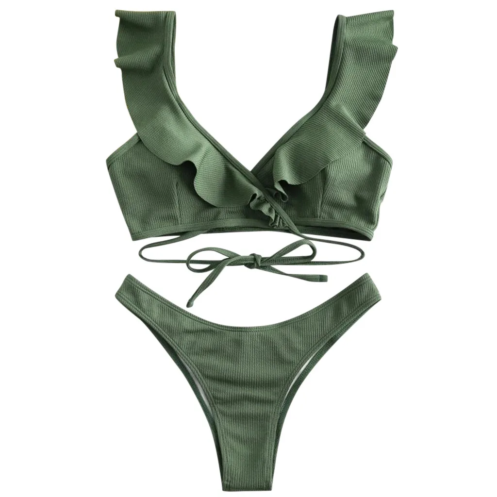 

Sexy Bikini 2021 Women's Swimsuit Solid Ruffled Padded Bikini Set High Cut Thong Swimwear Brazilian Bathing Swimsuit Beachwear