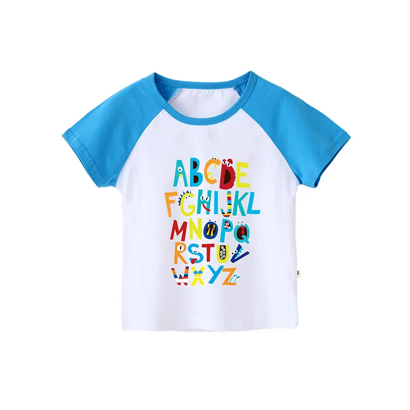 Коллекция года, новая стильная одежда детская летняя футболка с короткими рукавами хлопковые топы с надписями для мальчиков, рубашки с открытыми плечами для девочек, топы