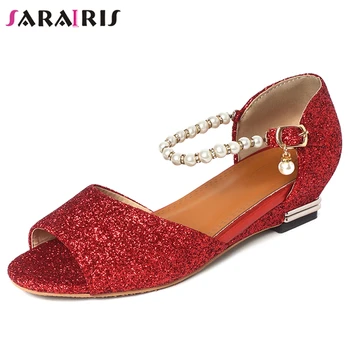 

SARAIRIS Elegant Beading Strap Sandals Women 2020 Fashion Ol Glitters Sandals Ladies Med Wedges Shoes