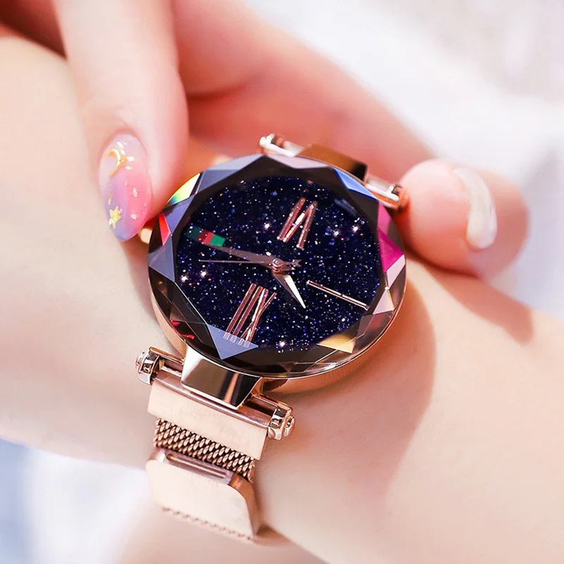 Роскошные розовое золото для женщин часы минимализм звездное небо Магнитный модный повседневное женские наручные часы водонепроница