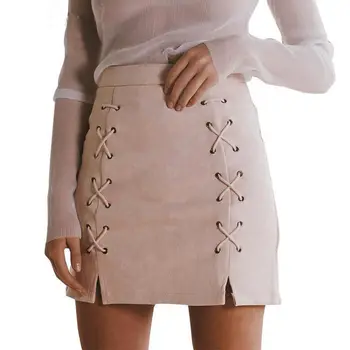 

Sexy A-Line Belt Wrap Leather Suede Mini Skirt Women Lace Up Bodycon High Waist Pencil Skirts