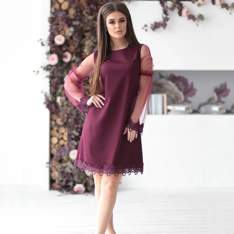 

New 2019 Vintage O-Neck Lace Long Sleeve Solid Color Mini Dress Lady Autumn Loose Party Dress