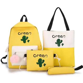 

4pcs canvas school backpack set for teenage girls cactus printing shoulder bag+women backpack+pencil case+purse Bags