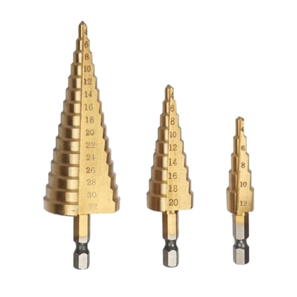 3Pcs Hex Shank HSS Titanium Coated Step Drill Bit Set 4-12/4-20/4-32mm