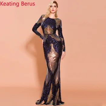 

New Arrival Keatingberus 2020 Women Sexy O Neck Long Sleeve Backless Sequin Dresses Female Maxi Elegant Multi Party Dress 2115