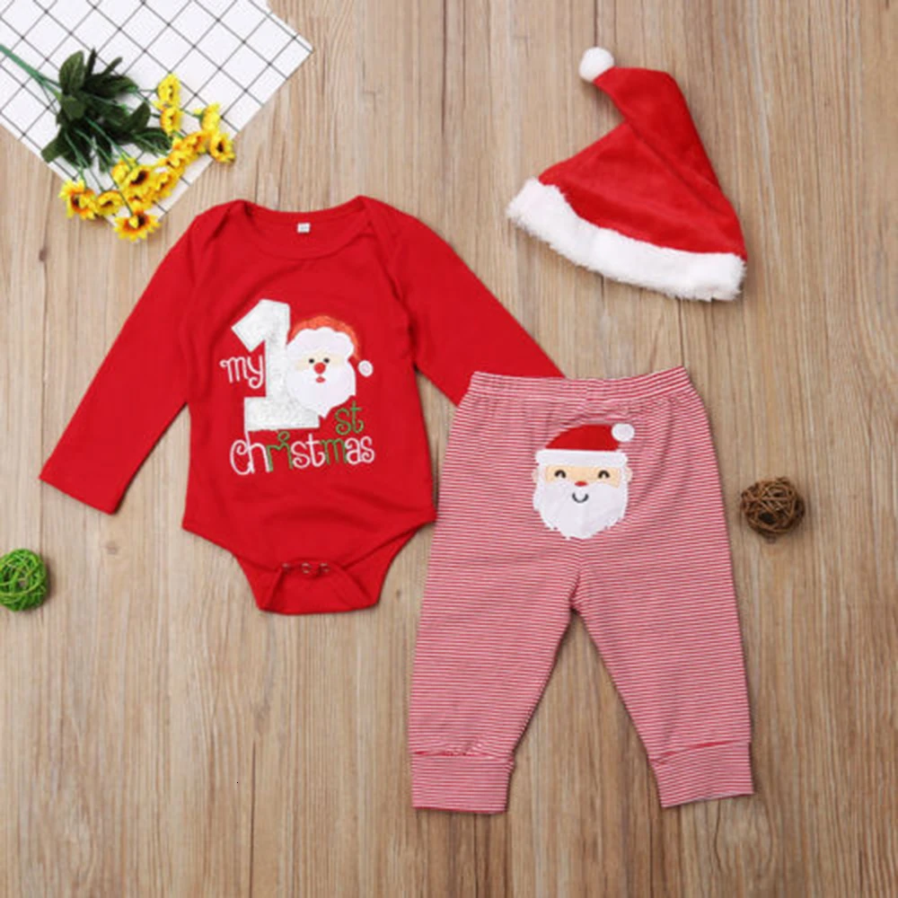 Комплект из 3 предметов, Рождественский красный наряд для малышей, теплый комбинезон+ штаны+ шапка Санты для новорожденных девочек 0-12 месяцев