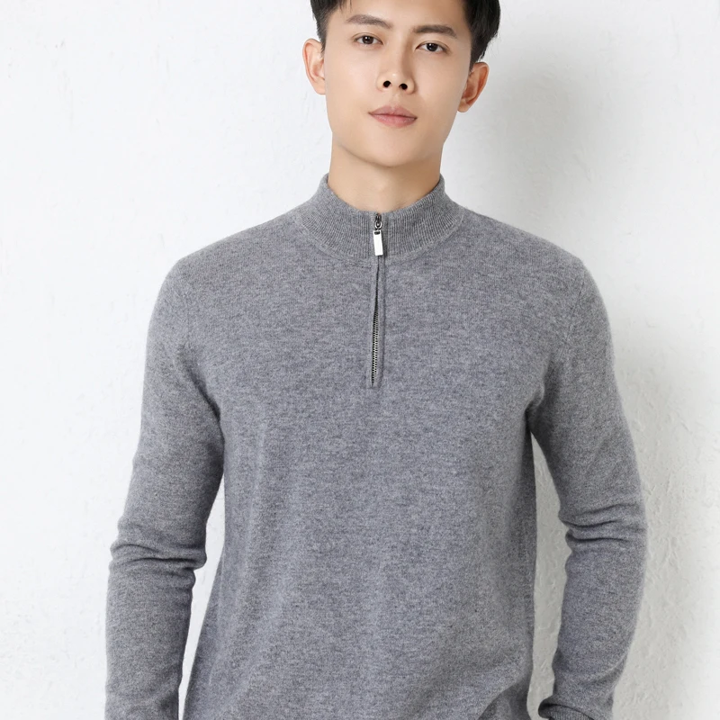 100% Pure Goat Cashmere Knitted Man Sweaters Zipper Collar Pullovers Long Sleeve Top Grade Winter Warm Male Solid-Color Jumpers