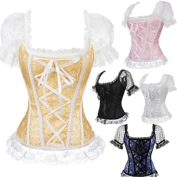 

Grebrafan Gothic W/Boning Wide Strap Wedding Corset Breathable Lace Trim Overbust Bustier Top Holiday Party Club Costume
